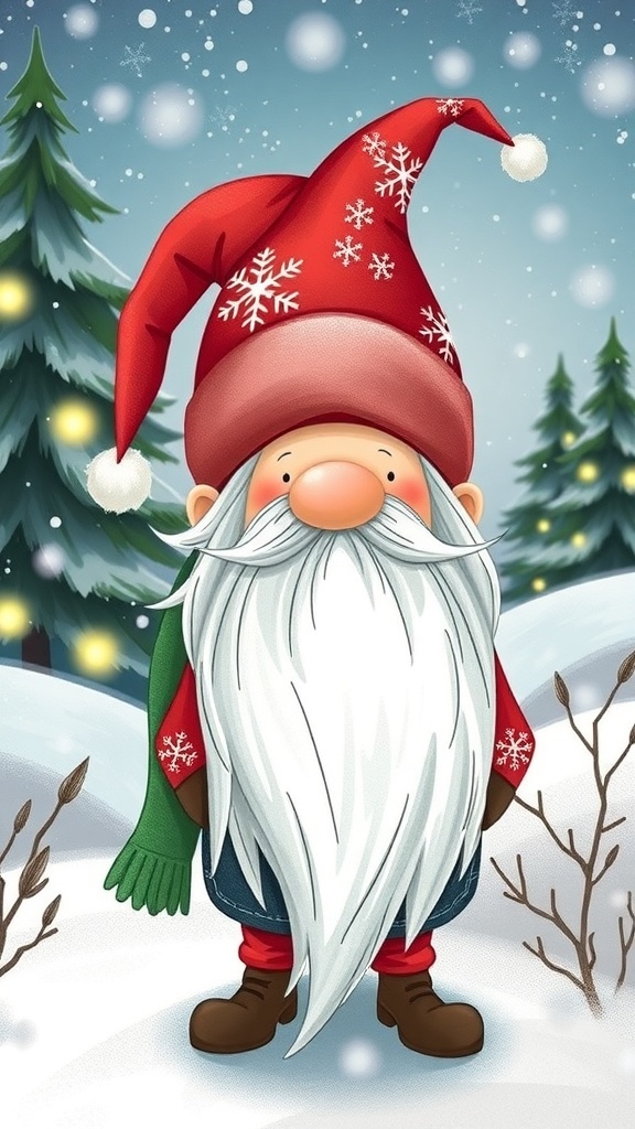 A cheerful Christmas gnome with a red hat and green scarf in a snowy setting.